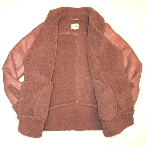 LOFT Women’s Pink Faux Suede Moto Aviator Sherpa Jacket Size- M - Picture 10 of 11